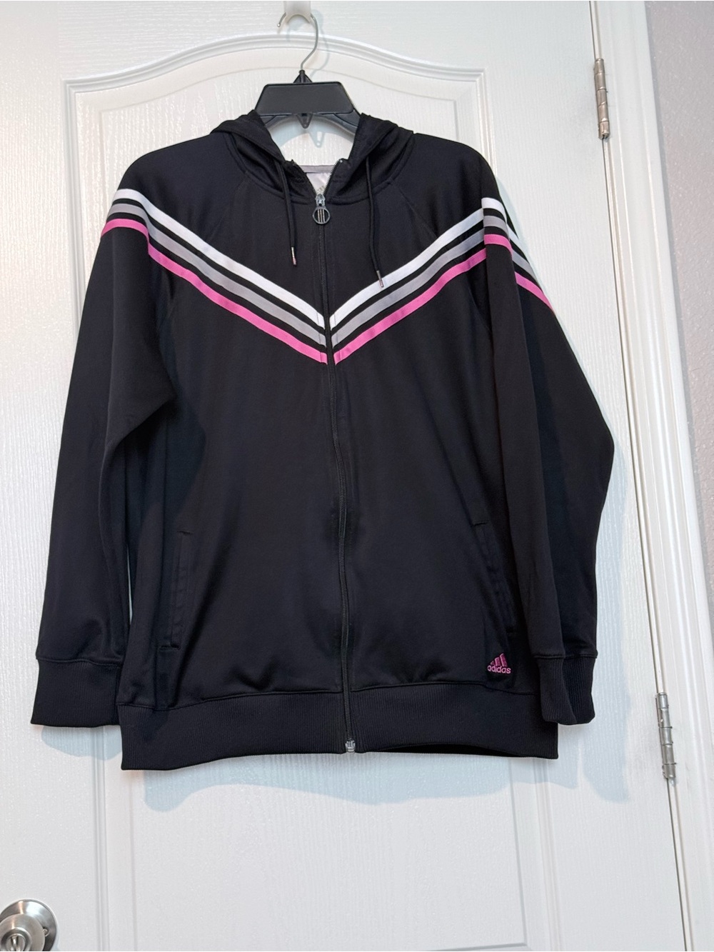 adidas Women’s Black Bomber Jacket with Pink & White Chevron